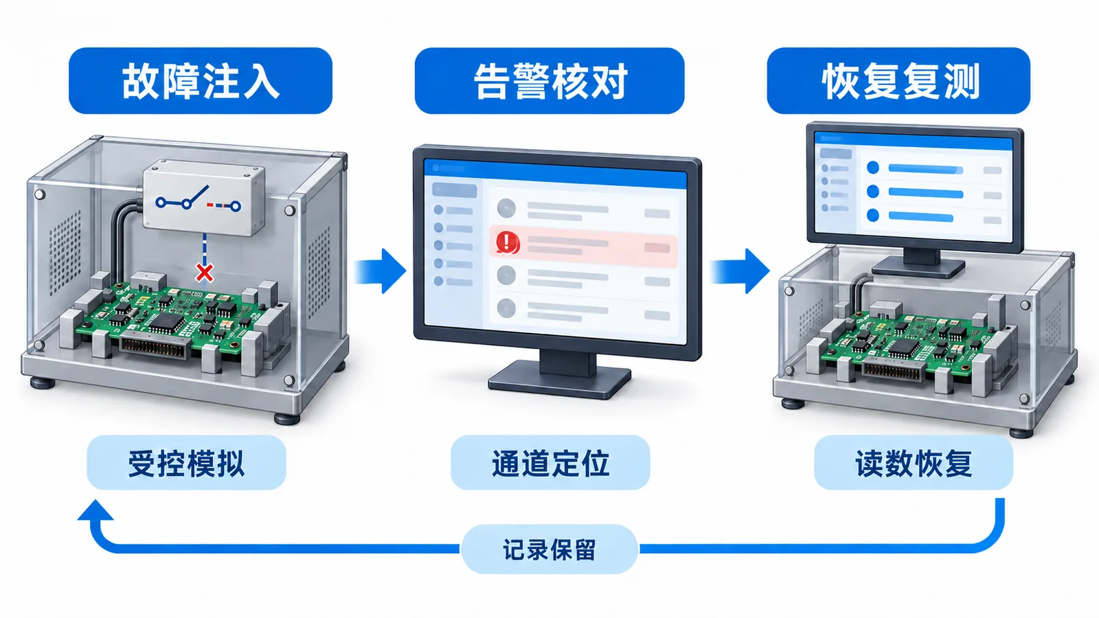 储能BMS采样板PCBA代工:采样精度、断线与均衡怎样验收?(图2) 储能BMS功能验收-故障注入告警核对恢复复测与过程记录的示意
