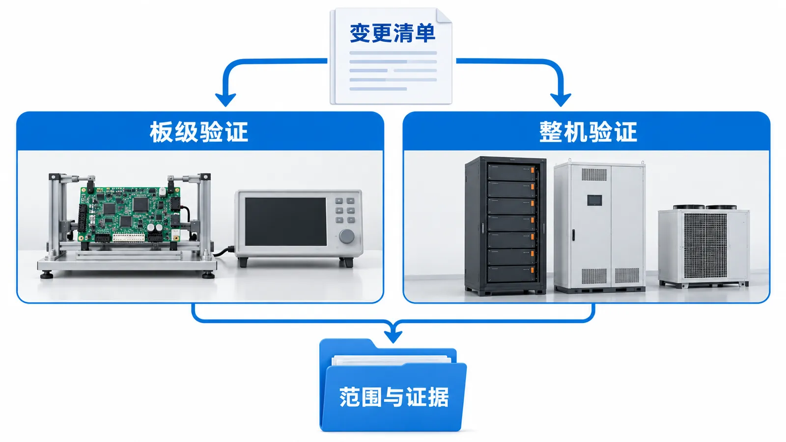 储能从2小时改4小时,哪些工况变化需要重做控制板验证?(图2) 储能控制板验证分工-板级验证与整机验证分别形成范围和证据