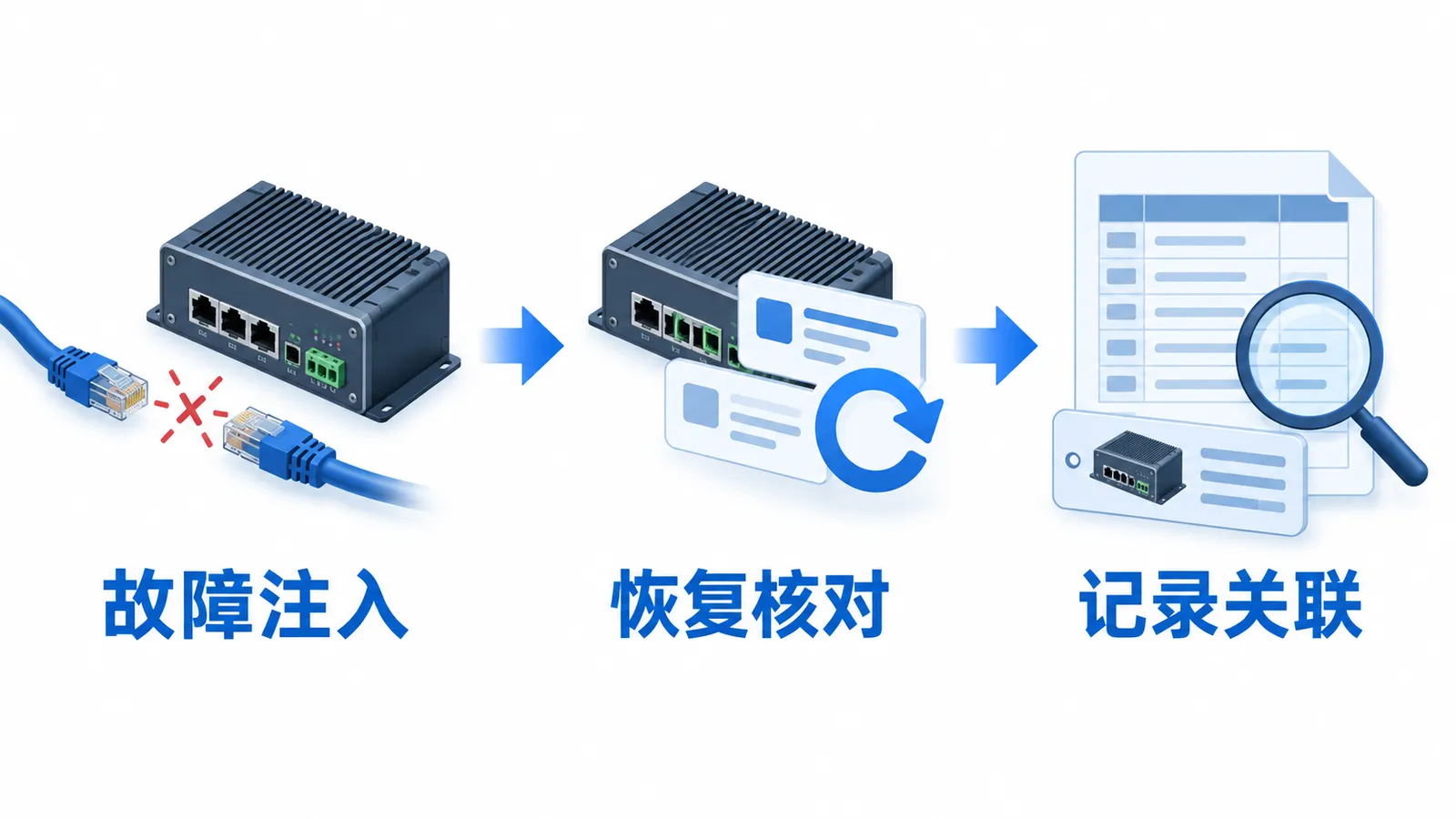 储能EMS通信网关PCBA代工:掉线与恢复需要做哪些出厂测试?(图2) 储能EMS网关出厂测试-故障注入恢复核对与单板记录关联的流程示意