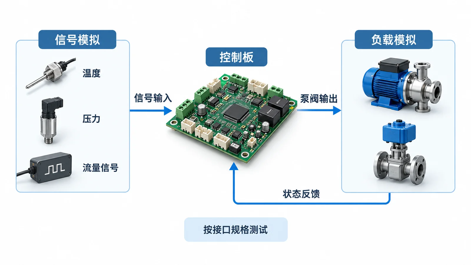 液冷储能控制板PCBA代工:泵阀、传感器和告警联锁如何测试?(图1) 液冷储能控制板PCBA测试-传感信号模拟与泵阀输出反馈关系