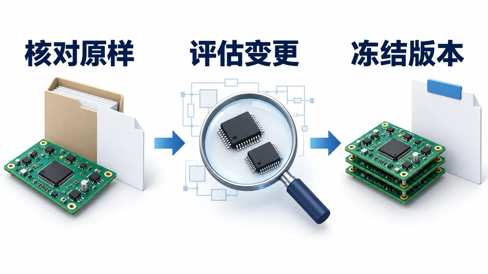 储能系统完成安全测试后,PCBA还能更换元器件吗?(图1) 储能PCBA安全测试后变更的原样核对、变更评估和版本冻结示意