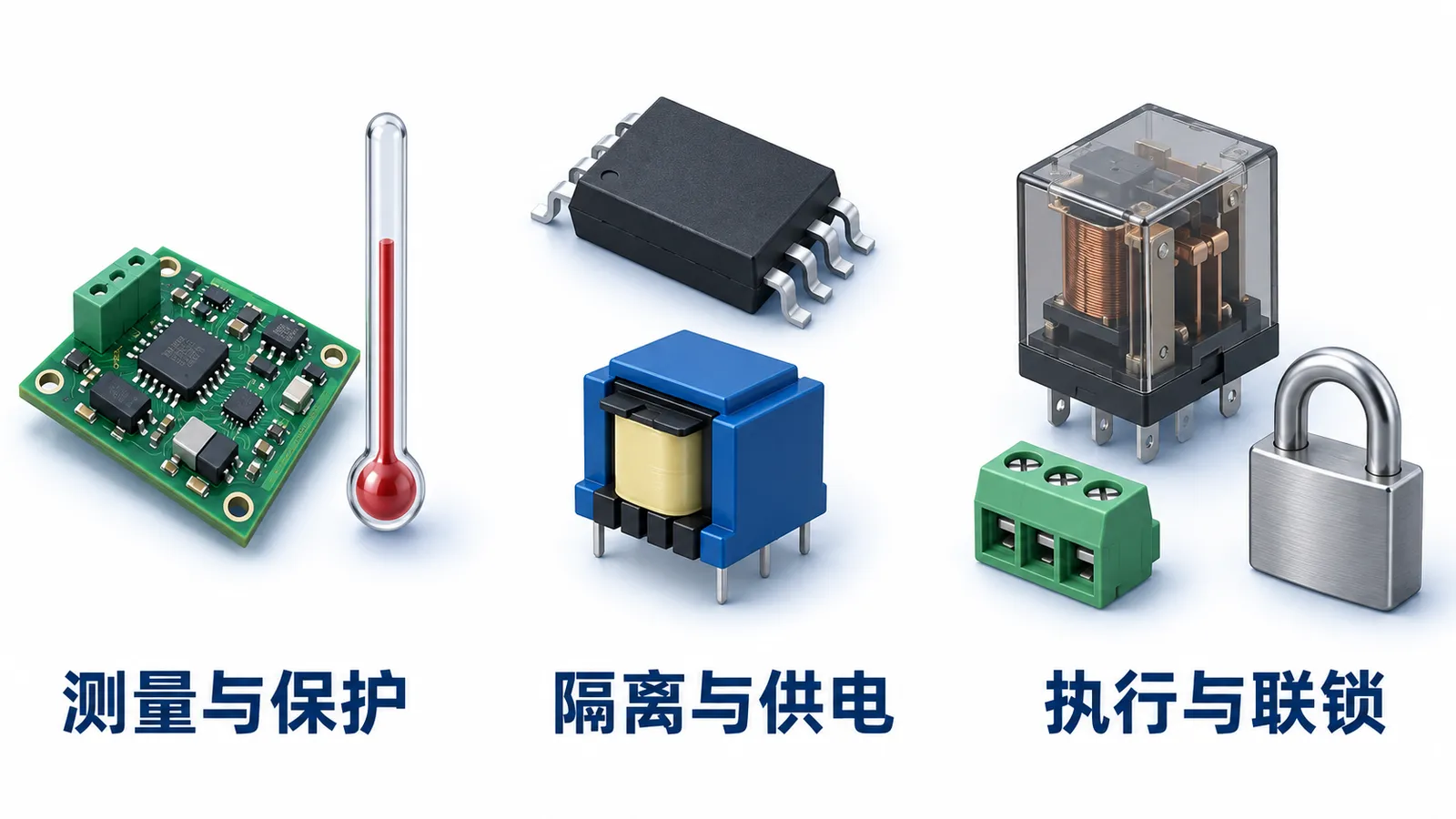 储能系统完成安全测试后,PCBA还能更换元器件吗?(图2) 储能PCBA元件变更涉及测量保护、隔离供电、执行联锁的功能示意