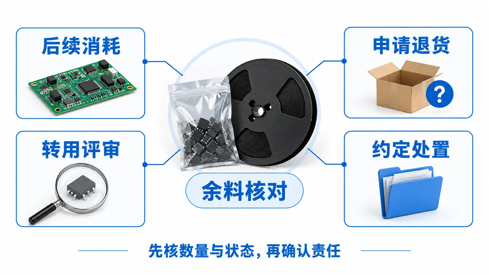 储能PCBA框架订单怎么备料?分批交付与呆滞料责任怎样约定?(图2) 储能PCBA呆滞料责任-余料核对与四种待评审处置路径