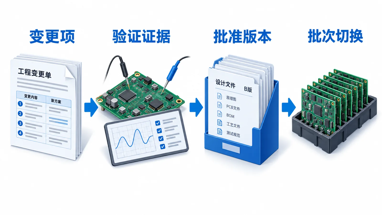 储能PCBA从小批试产转量产,哪些工程变更必须先关闭?(图1) 储能PCBA工程变更关闭-变更验证批准版本与批次切换关系