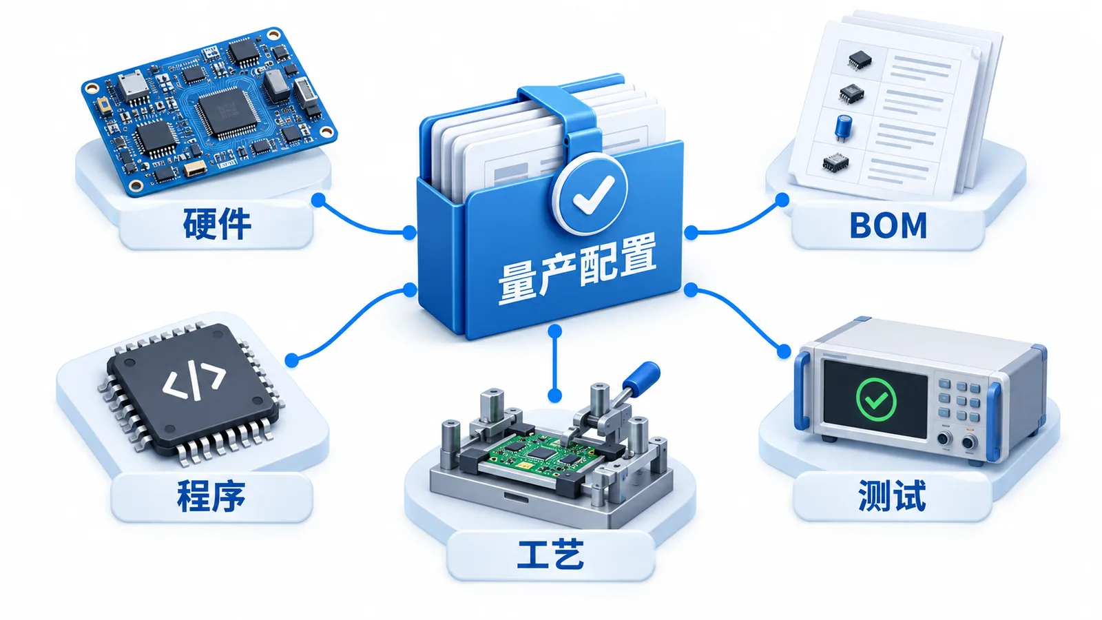 储能PCBA从小批试产转量产,哪些工程变更必须先关闭?(图2) 储能PCBA量产配置-硬件BOM程序工艺与测试文件配套示意