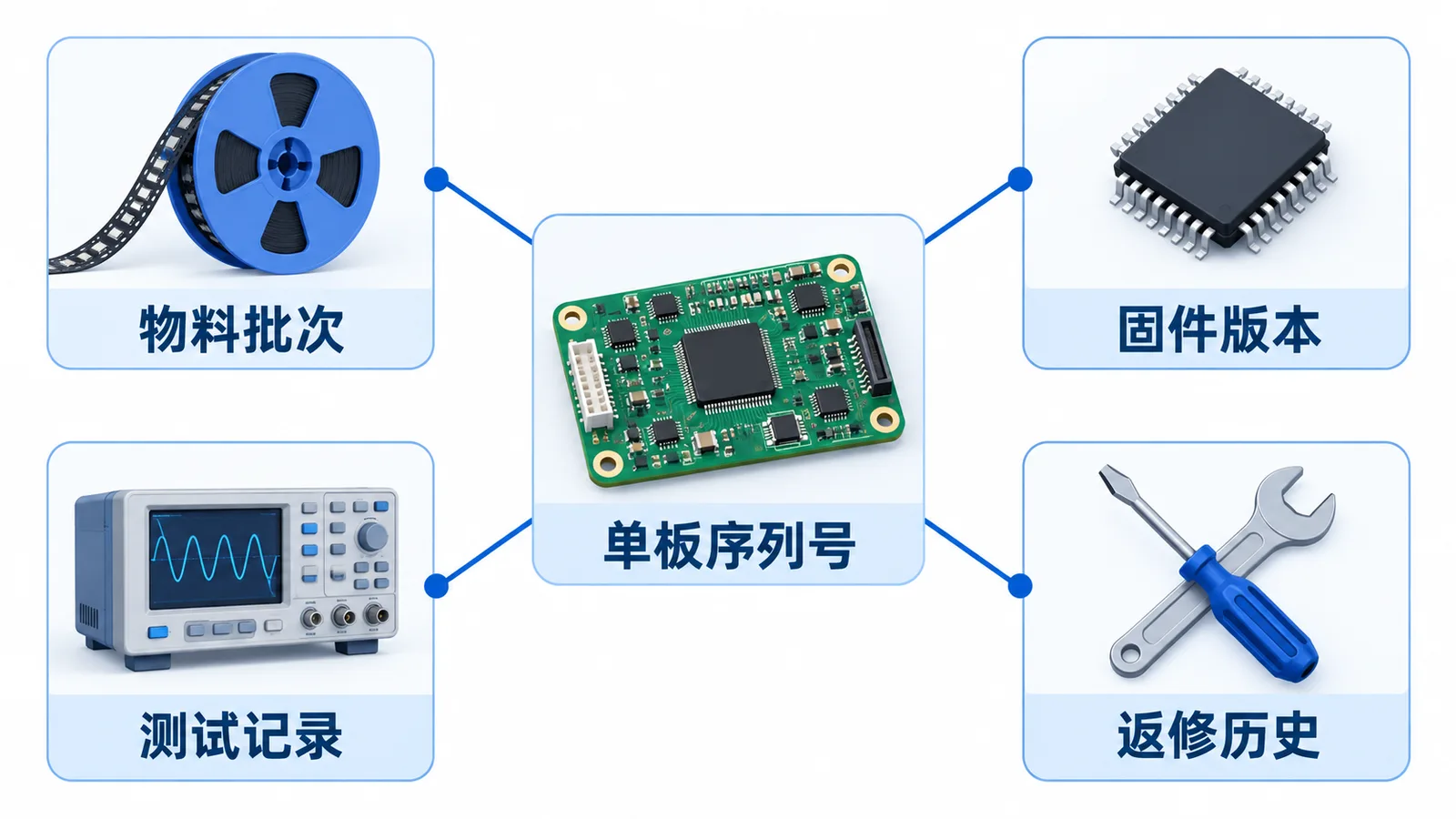 储能PCBA质量追溯:怎样从一块故障板查到物料批次与固件版本?(图1) 储能单板序列号关联物料批次、固件版本、测试记录与返修历史示意