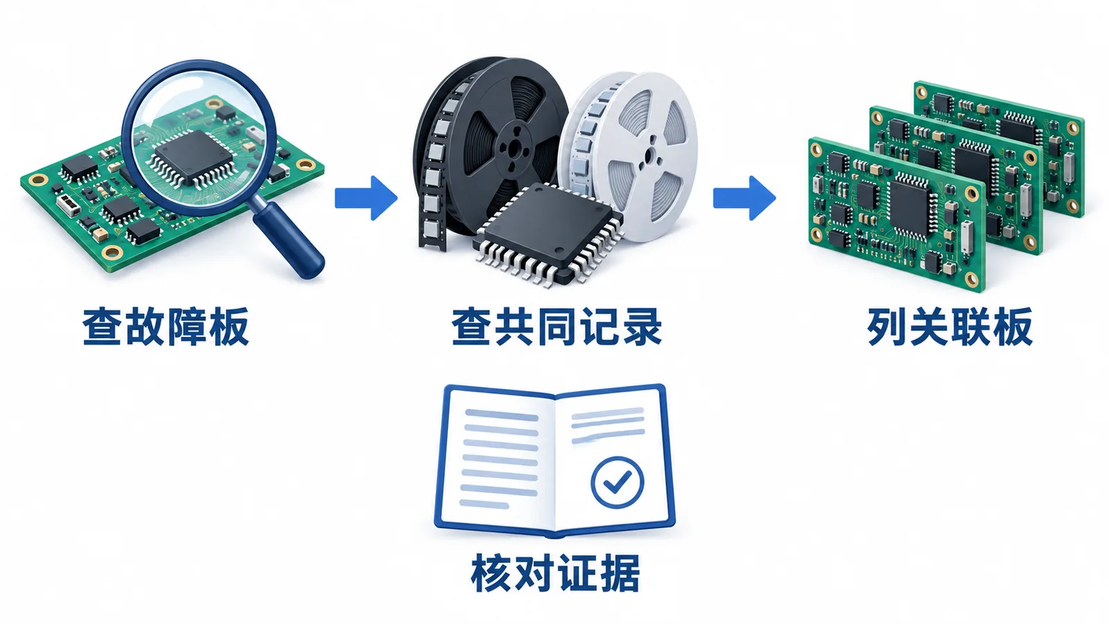 储能PCBA质量追溯:怎样从一块故障板查到物料批次与固件版本?(图2) 从故障板查询共同制造记录,再列出关联板并核对证据的调查流程示意