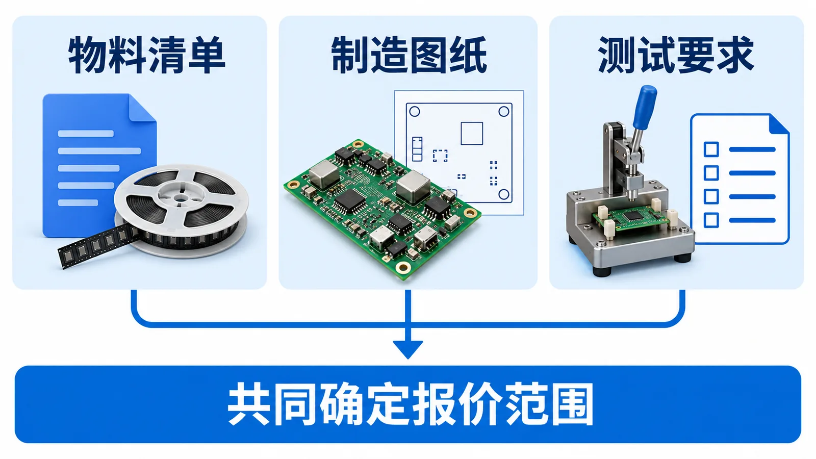 储能PCBA代工代料报价:BOM之外还要哪些资料,费用怎么拆?(图1) 储能PCBA代工代料报价-物料清单制造图纸与测试要求共同确定范围示意