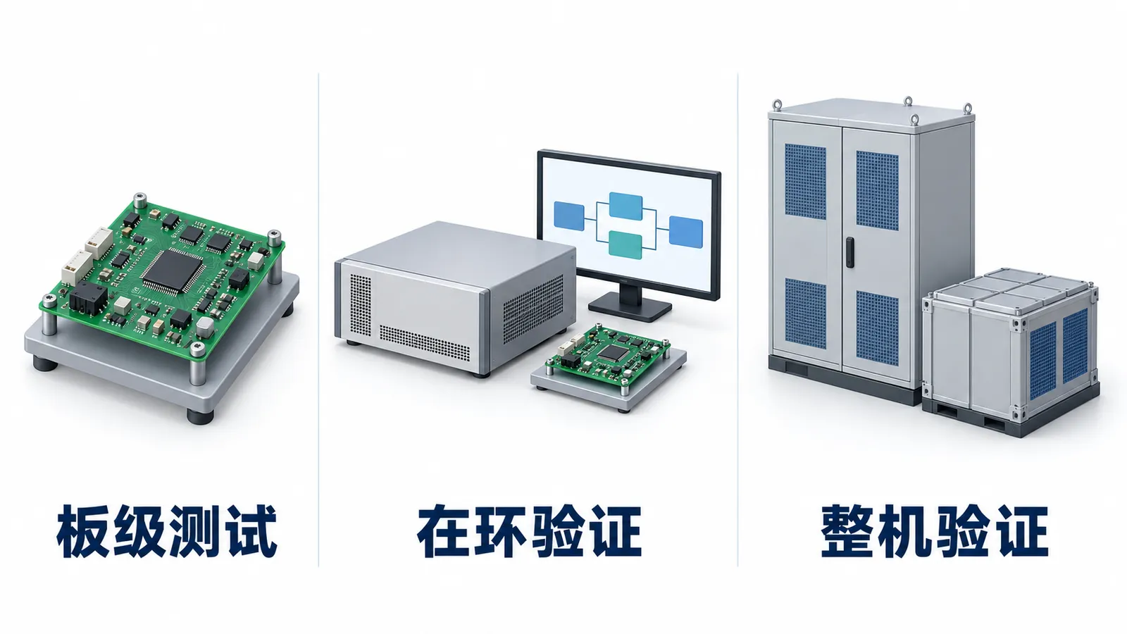 构网型PCS控制板转量产:板级测试与整机验证如何划分?(图1) 构网型PCS控制板PCBA量产的板级测试、在环验证与整机验证对象示意