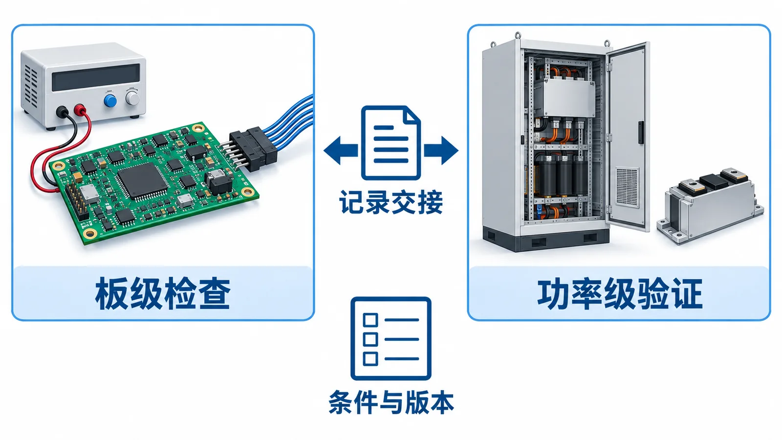PCS驱动板更换隔离器件,为什么不能只比较参数表?(图2) PCS驱动板替代验证-板级检查与功率级验证之间交接条件版本和记录的示意