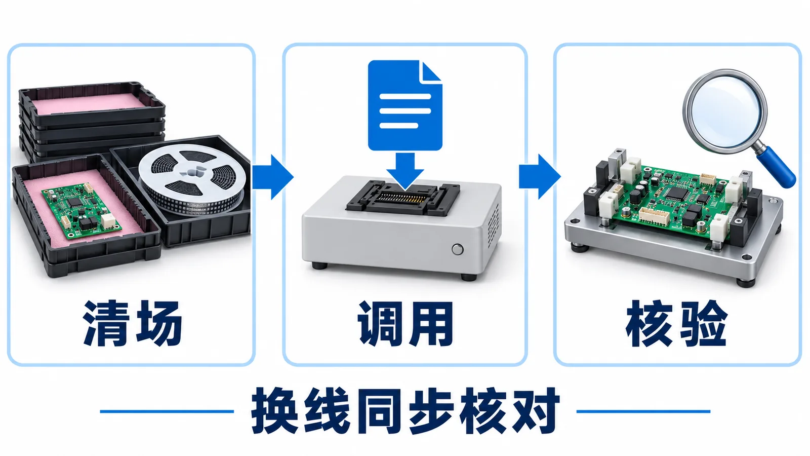 户用储能一体机PCBA代工:多机型、多版本怎样防止混料和错烧程序?(图2) 户储PCBA多版本换线-清场调用新配置和首件核验流程示意