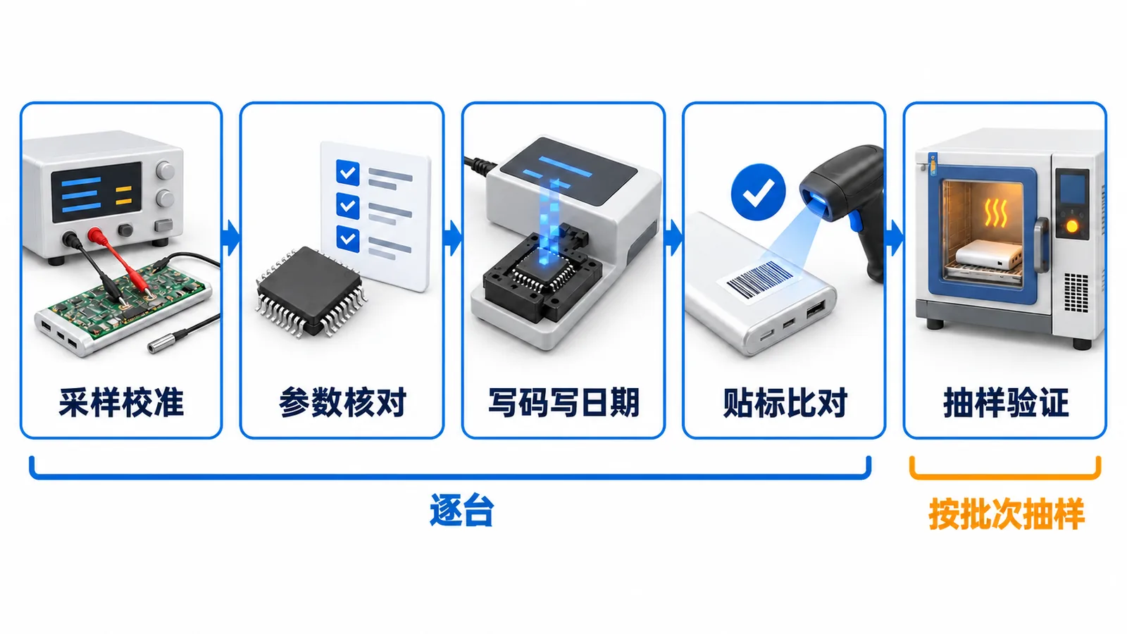 移动电源新国标PCBA生产测试流程示意-采样校准参数核对写码贴标比对与抽样验证