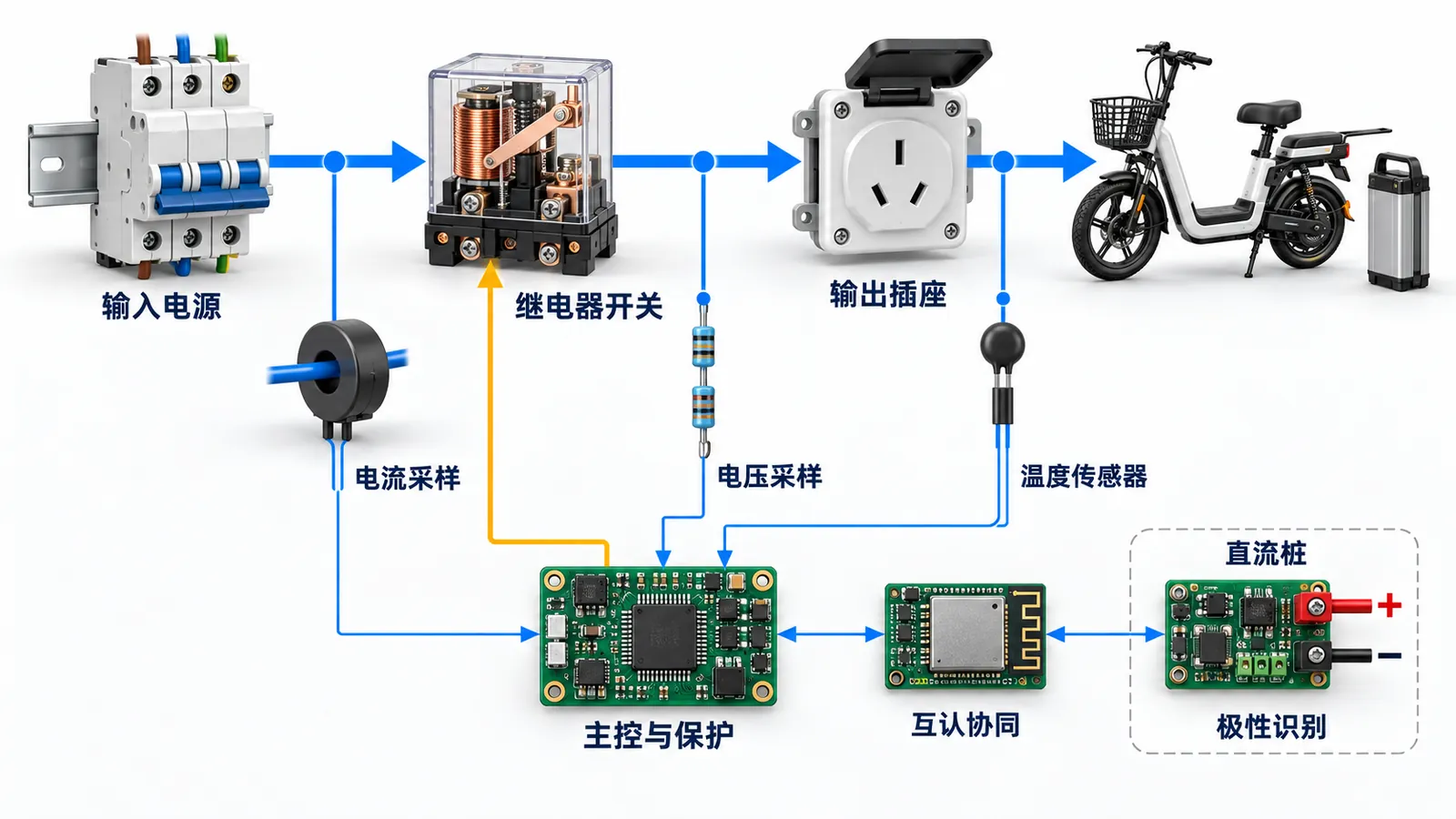 电动自行车充电桩控制板采样驱动与识别链路框图-电流电压温度采样继电器驱动互认协同极性识别