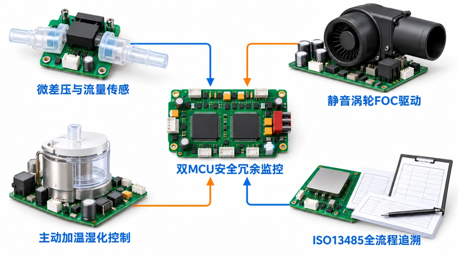 家用无创呼吸机与睡眠呼吸机控制板PCBA硬件架构及医疗制造管控框图
