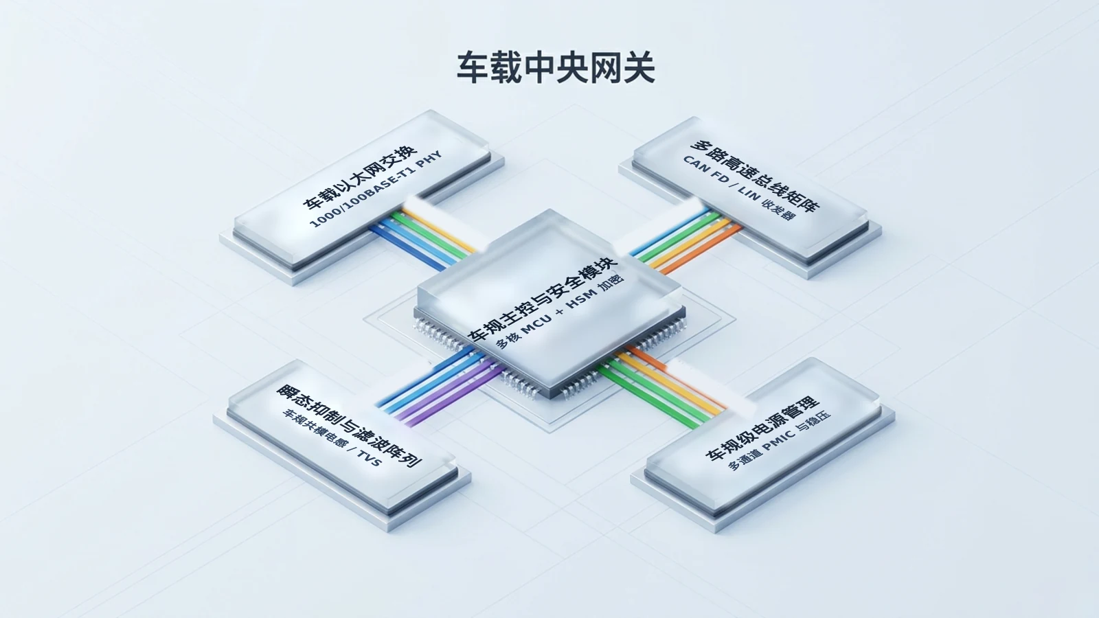 车载中央网关PCBA硬件功能分区与总线架构拓扑图