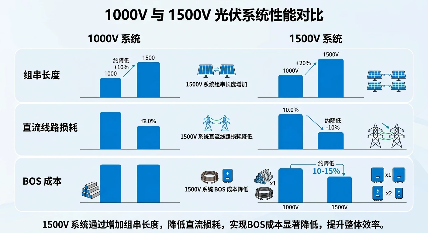 1000V与1500V光伏系统对比-组串更长直流线损更低BOS成本更省的条形对照示意图