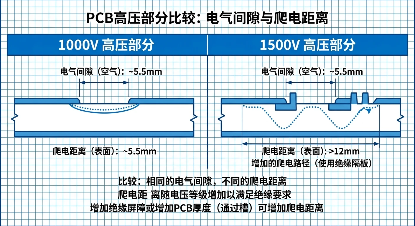 1000V与1500V光伏逆变器PCBA爬电距离对比-电气间隙相同而爬电距离更长的并排示意图