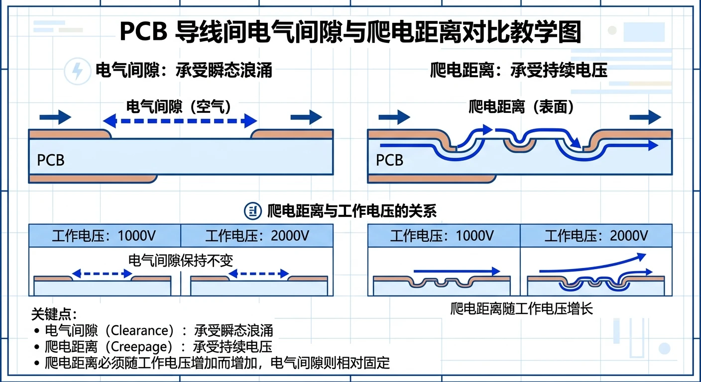 电气间隙与爬电距离区别-间隙由冲击电压决定爬电随工作电压增大的机理对照图