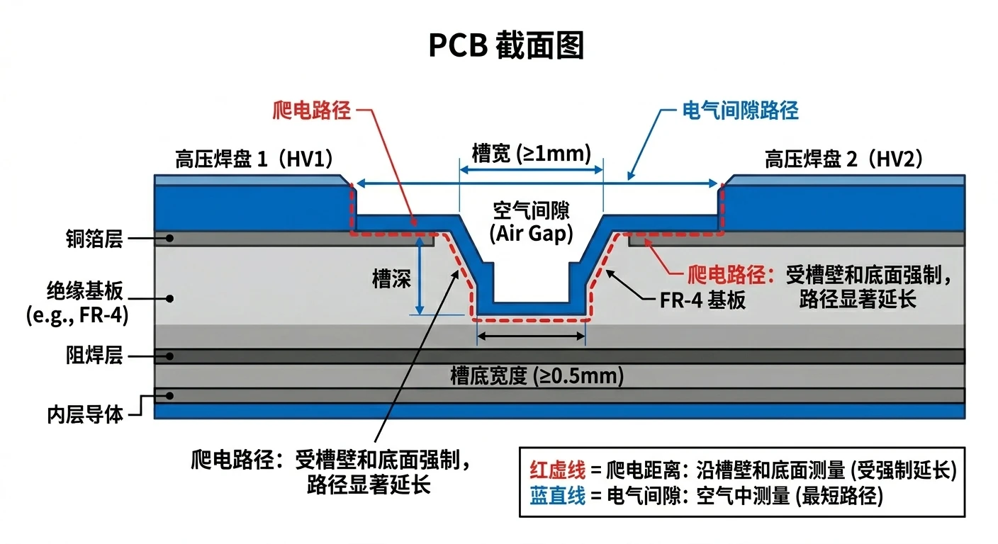 爬电距离与电气间隙概念示意图-光伏逆变器PCBA高压区表面爬电路径与空气净距对比