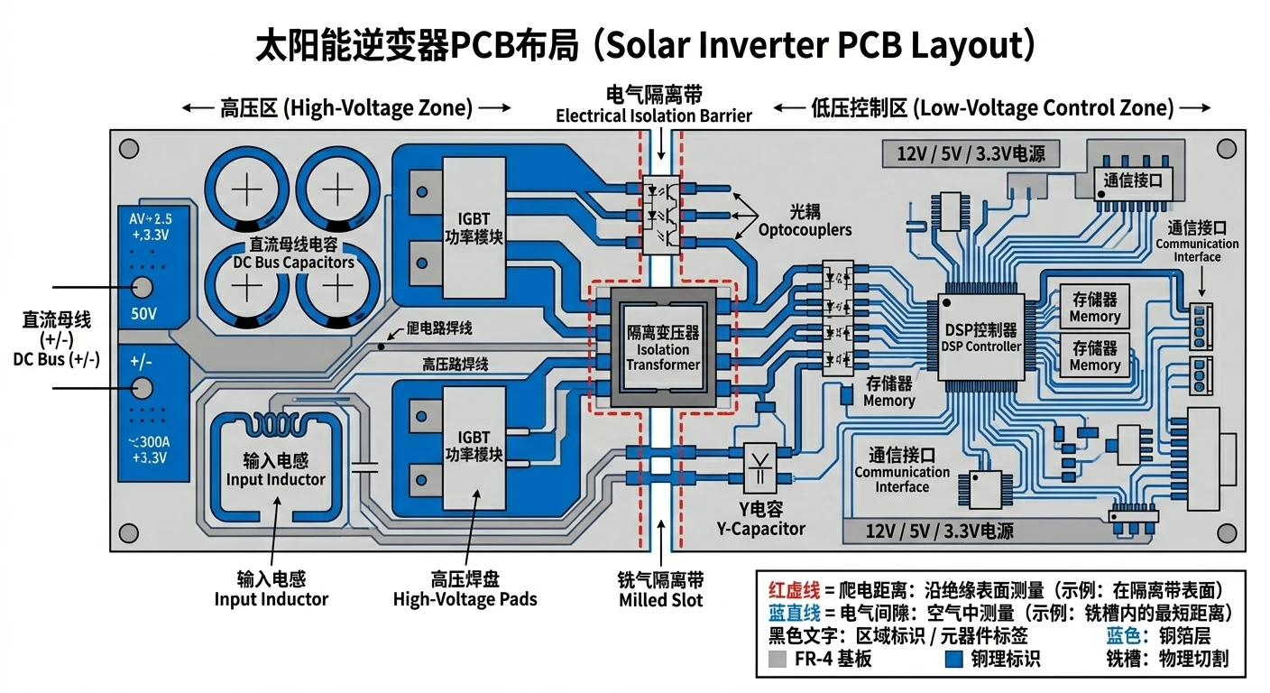 光伏逆变器爬电距离与电气间隙随污染等级电压海拔变化示意图-1500V高压PCBA绝缘配合查表