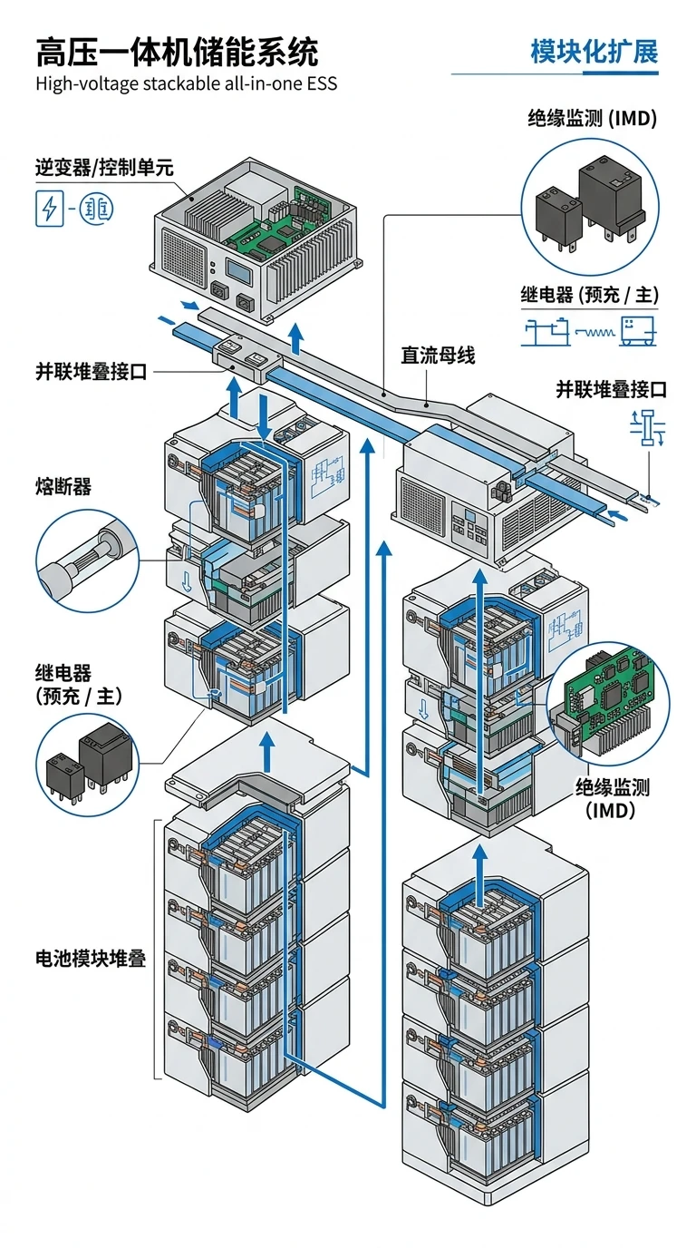 高压可堆叠储能一体机模块化结构-熔断继电器与绝缘检测安全设计