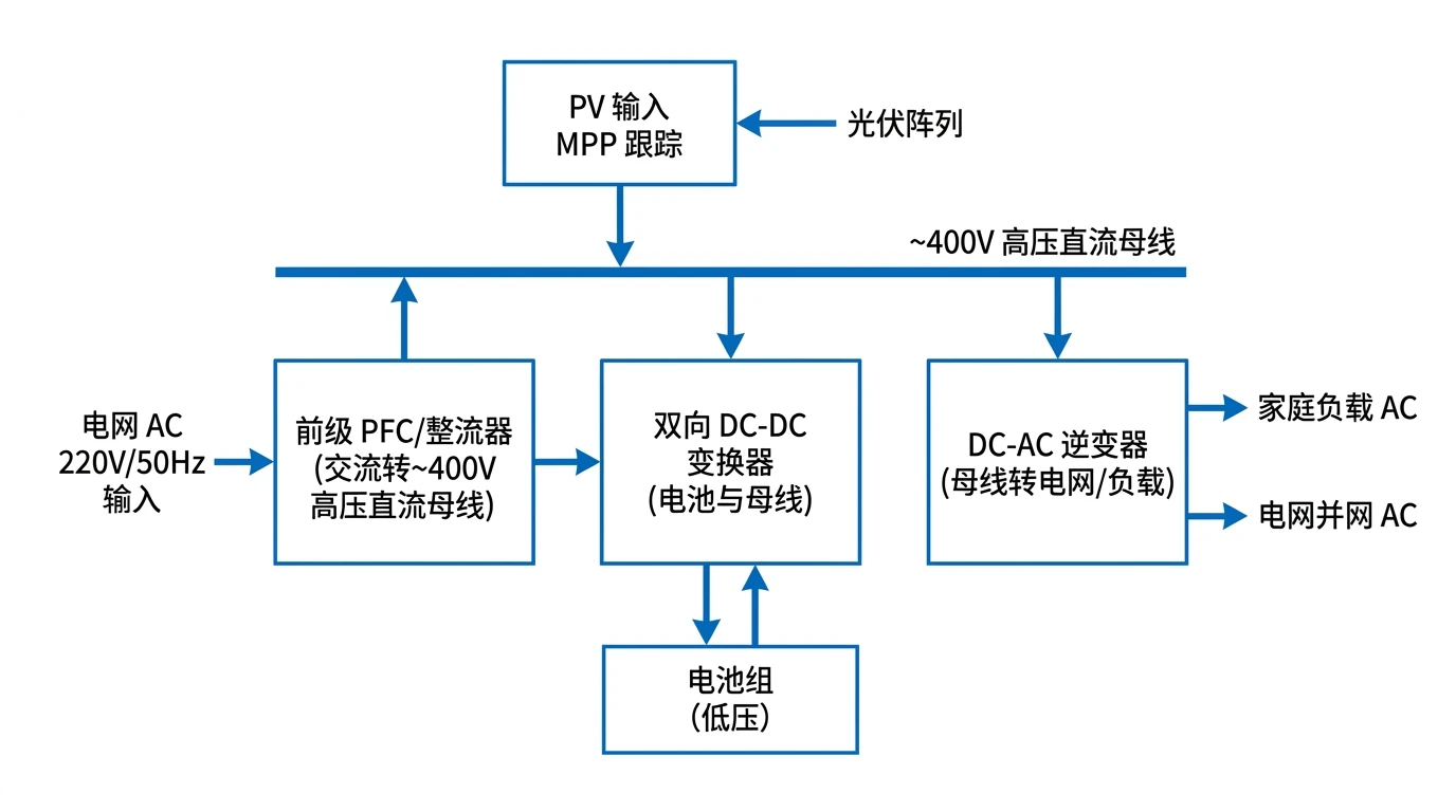 户用储能混合逆变器三级功率拓扑-PFC整流双向DC-DC与DC-AC逆变框图