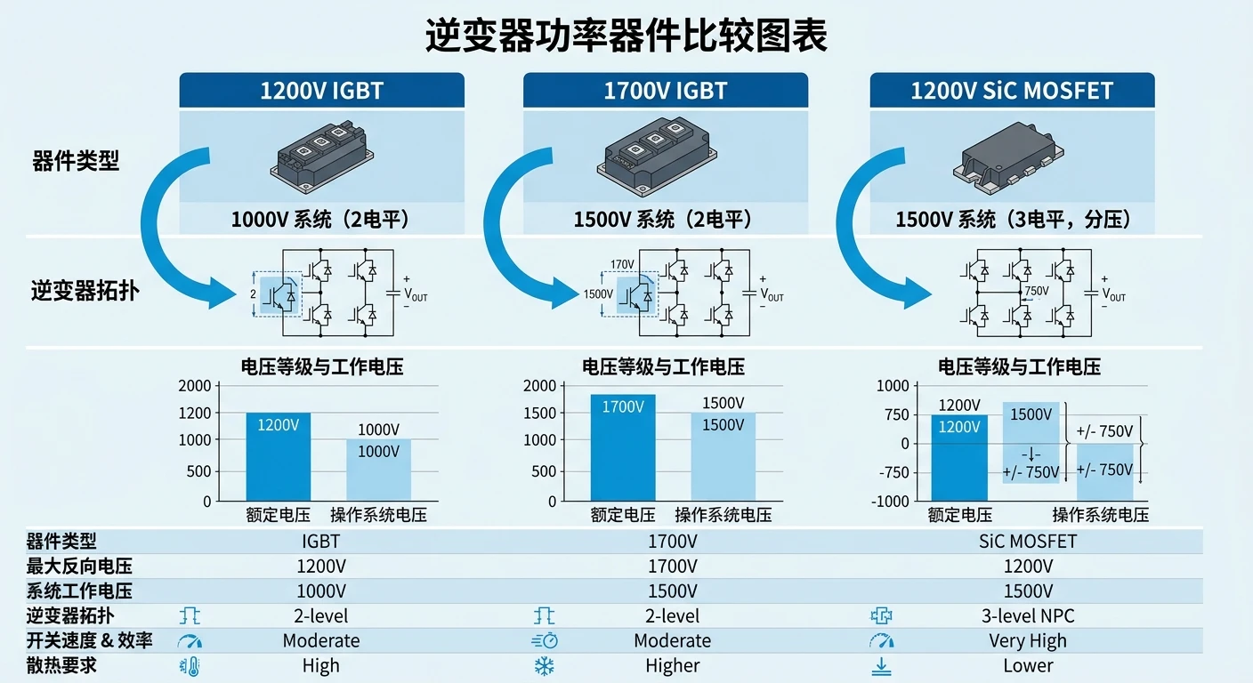 光伏逆变器功率器件耐压对比-1200V与1700V IGBT及1200V SiC在1000V与1500V系统配置示意图