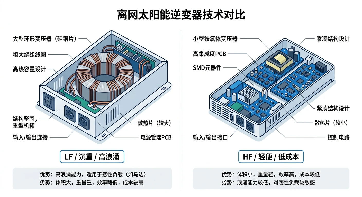 工频离网逆变器铁芯变压器与高频离网逆变器小型高频变压器结构对比-重量成本可维修性差异