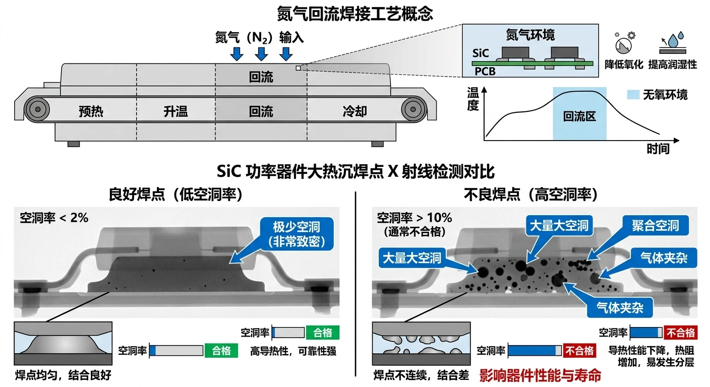储能PCS功率板氮气回流低空洞X-Ray检测示意-SiC大功率器件散热焊盘焊点空洞率控制与质量判读