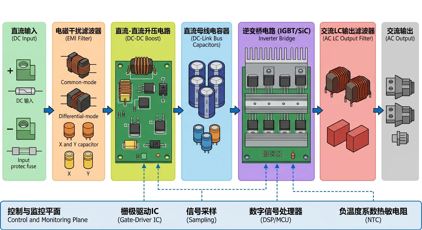 离网逆变器整板架构分解图-DC输入EMI滤波DC-DC升压逆变桥MPPT栅驱采样DSP控制