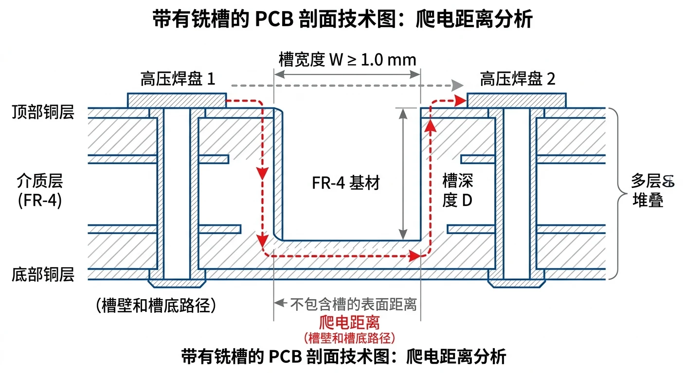 PCB开槽延长爬电距离示意图-高压焊盘之间铣槽强制表面漏电路径沿槽壁绕行