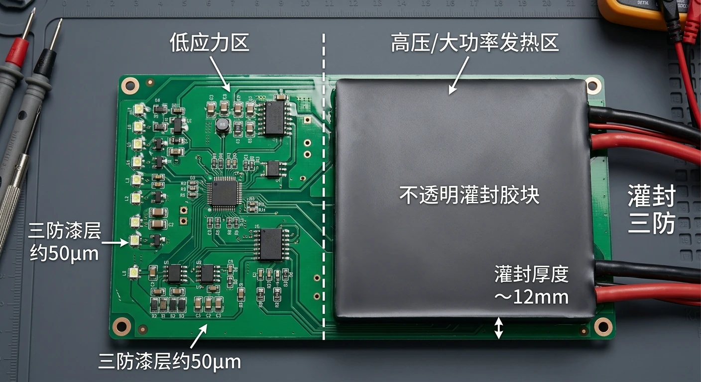 微逆PCBA灌封与三防漆分区组合策略-关键功率区灌封其余区域三防涂覆示意