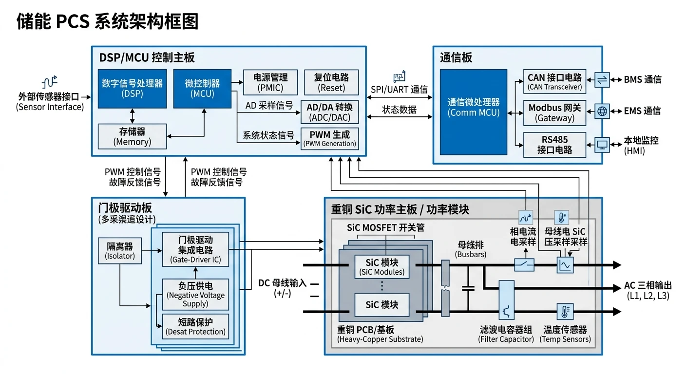 储能PCS主控板与SiC功率板分板示意图-DSP主控板通信板驱动板与大电流厚铜功率单元的分板架构与互连