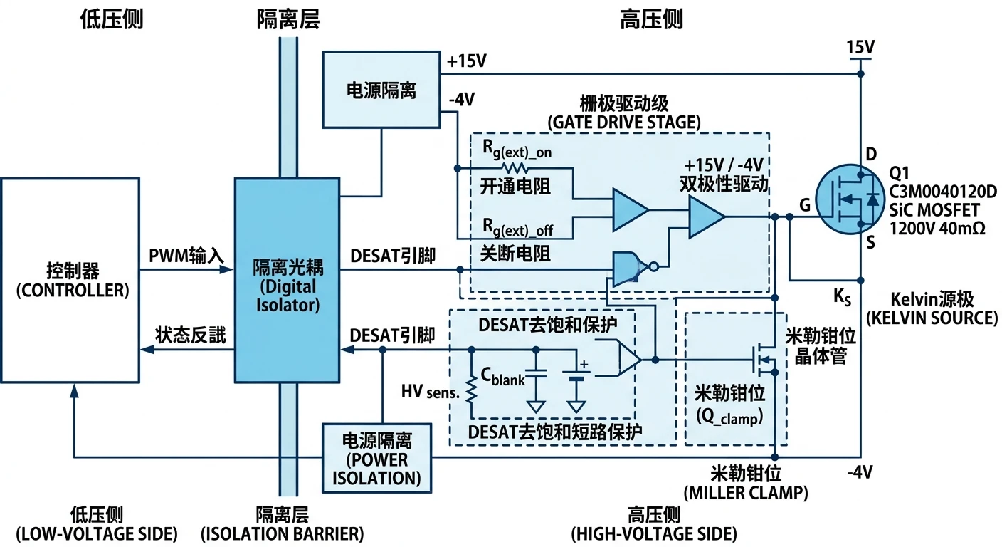 碳化硅MOSFET隔离栅极驱动板原理图-米勒钳位与DESAT去饱和短路保护正负压驱动设计示意