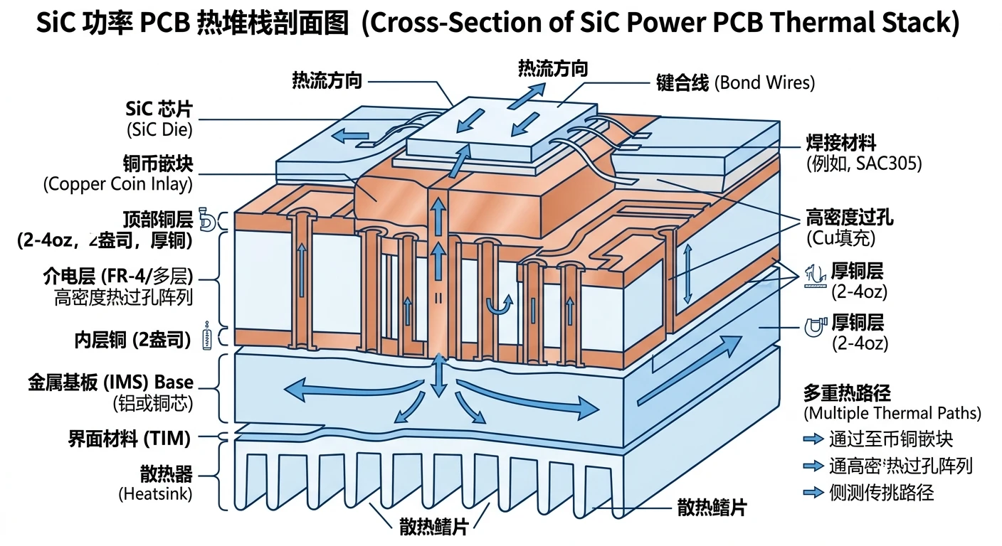 SiC功率板厚铜与热过孔阵列散热剖面图-2到4oz厚铜铜嵌入热过孔阵列导热至金属基IMS结构示意