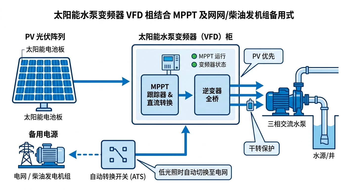 光伏水泵变频器VFD加MPPT系统框图-PV输入直驱三相交流泵与市电备份自动切换